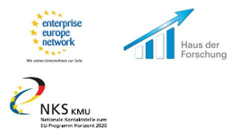 Logo Enterprise Europe Network, Haus der Forschung und Nationale Kontaktstelle zum EU-Programm Horizont 2020