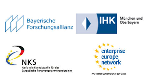 Logo Bayerische Forschungsallianz, Logo Industrie- und Handelskammer München, Logo Nationale Kontaktstelle und Logo enterprise europe network