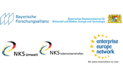 Logo Bayerische Forsschungsallianz, Logo Bayerisches Staatsministerium für Wirtschaft und Medien, Energie und Technologie, Logo Nationale Kontaktstelle Umwelt, Logo Nationale Kontaktstelle Lebenswissenschaften und Logo enterprise europe network