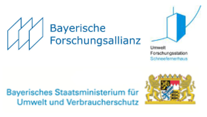 Logos der Bayerischen Forschungsallianz, der Umweltforschungsstation Schneefernerhaus und des bayerischen Staatsministeriums für Umwelt und Verbraucherschutz