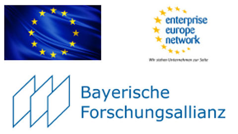 Flagge der Europäischen Union, Logo enterprise europe network und Bayerische Forschungsallianz