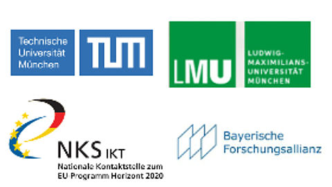EU-Forschungsförderung für Informations- und Kommunikationstechnologien (IKT) unter Horizon 2020 Logos der BayFOR, der TUM, der LMU und der NKS IKT