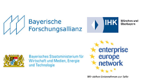 Informationsveranstaltung zur EU-Forschungsförderung für IKT, Luft- und Raumfahrt unter Horizon 2020 und EUREKA Eurostars Logo Bayerische Forschungsallianz, IHK München und Oberbayern, Bayerisches Staatsministerium für Wirtschaft und Medien, Energie und Technologie und Enterprise Europe Network (EEN)