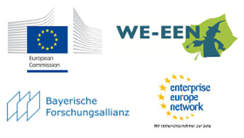 Logo Europäische Kommission, europäisches Forschungsprojekt WE-EEN, Bayerische Forschungsallianz und enterprise europe network