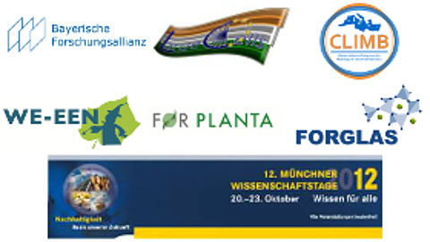 Logos der Bayerischen Forschungsallianz, der europäischen Forschungsprojekte Largecells, Climb, WE-EEN, der bayerischen Forschungsverbünde Forplanta und Forglas und der Münchner Wissenschaftstage 2012