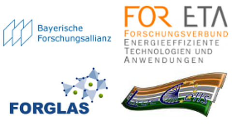 Logo der Bayerischen Forschungsallianz, der bayerischen Forschungsverbünde foreta und forglas und des europäischen Forschungsprojekts Largecells