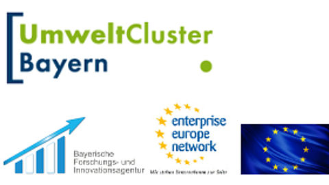 Globale Herausforderungen in der Umweltwirtschaft – Anforderungen an Förderprogramme Logo Umweltcluster Bayern, Bayerische Forschungs- und Innovationsagentur, EEN und Europäische Union