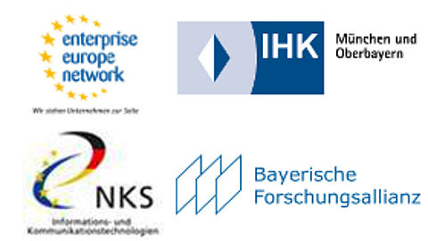 Logos des enterprise europe network, der Industrie- und Handelskammer München, der Nationalen Kontaktstelle und der Bayerischen Forschungsallianz