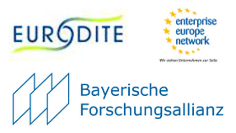 Logos des europäischen Forchungsprojekts "Eurodite", des enterprise europe network und der Bayerischen Forschungsallianz