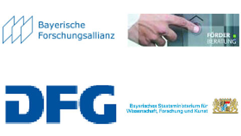 Logos der Bayerischen Forschungsallianz, der Förderberatung, der Deutschen Forschungsgesellschaft und des Bayerischen Staatsministeriums für Wissenschaft, Forschung und Kunst