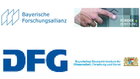 Workshop-Reihe im Umweltbereich: Nationale Förderprogramme Logos der Bayerischen Forschungsallianz, der Förderberatung, der Deutschen Forschungsgesellschaft und des Bayerischen Staatsministeriums für Wissenschaft, Forschung und Kunst