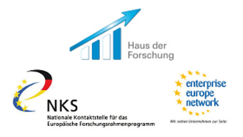 Logo Haus der Forschung, Logo Nationale Kontaktstelle und Logo enterprise europe network