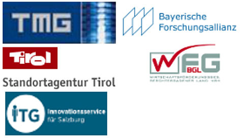F+I-Netzwerk BayAut: Forschungsdialog Energie Logo TMG, Logo Bayerische Forschungsallianz, Logo Standortagentur Tirol, Logo WFG und Logo Innovationsservice für Salzburg