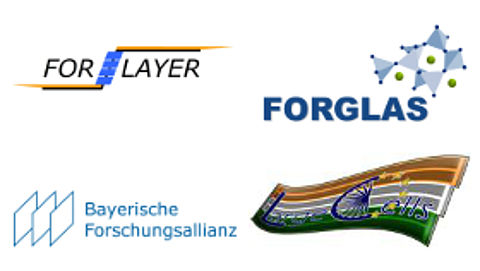 Logos der Bayerischen Forschungsverbünde forlayer und forglas, der Bayerischen Forschungsallianz und des europäischen Forschungsprojeks Largecells