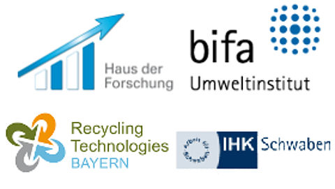 Logo Haus der Forschung, Umweltinstitut bifa, Recycling Technologies Bayern und Industrie- und Handelskammer Schwaben