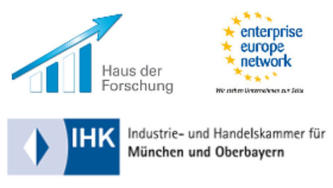 Logos des Hauses der Forschung, enterprise europe network und der Industrie- und Handelskammer München und Oberbayern