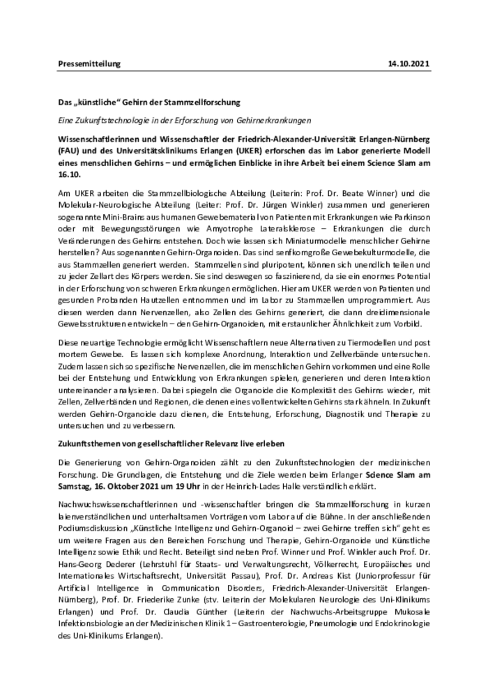 Pressemitteilung "Gehirnorganoide und Science Lates Event" 