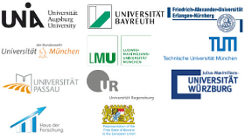 Logos Universität Augsburg, Bayreuth, Erlangen, Passau, Regensburg, Würzburg, Bundeswehruniversität München, Ludwig-Maximilians-Universität München, Technische Universität München, Haus der Forschung und Vertretung des Freistaates Bayern  