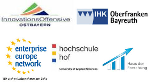 Logo der Innovationsoffensive Ostbayern, der Industrie- und Handelskammer Oberfranken, enterprise europe network, Hochschule Hof und des Hauses der Forschung 