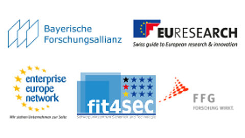 Logo Bayerische Forschungsallianz, euresearch, enterprisse europe network, fit4sec und FFG
