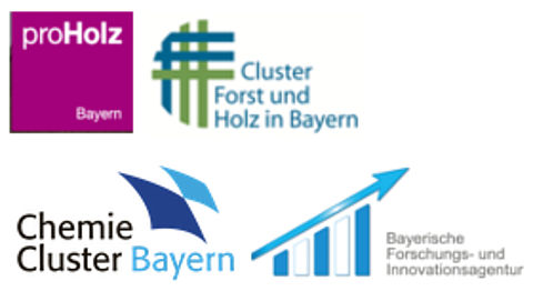 Fachveranstaltung Holz — Quelle einer nachhaltigen Bioökonomie Logos von Proholz, Cluster Forst, Cluster Chemie und der Bayerischen Forschungs- und Innovationsagentur