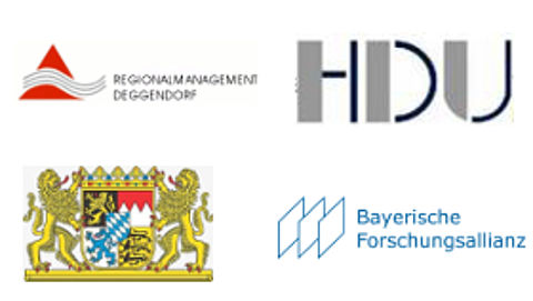 Informationsveranstaltung zu europäischen Förderprogrammen für Forschung & Entwicklung im Umwelt- und Energiebereich Logos des Regionalmanagements Deggendorf, HDU, des Bayerischen Staatsministeriums für Umwelt, Gesundheit und Verbraucherschutz und der Bayerischen Forschungsallianz