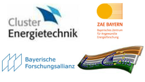 Logos des Cluster Energietechnik, ZAE, der Bayerischen Forschungsallianz und des europäischen Forschungsprojekts Largecells