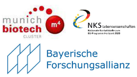 Logos des Clusters Munich Biotech, der Nationalen Kontaktstelle und der Bayerischen Forschungsallianz